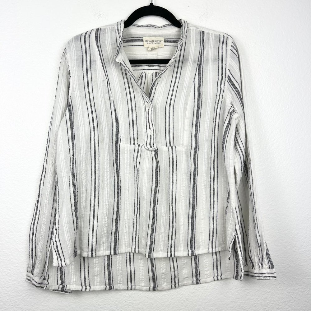 RALPH LAUREN Denim & Supply White Striped Henley High Low Peasant Boho Top, M